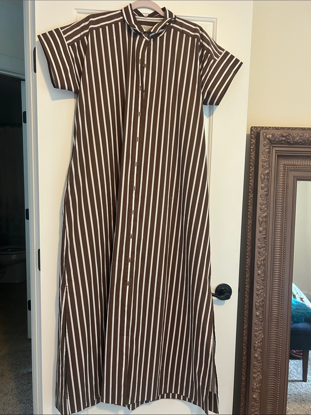 LOFT Brown and White Vertical Stripe Maxi Shirt Dress with pockets